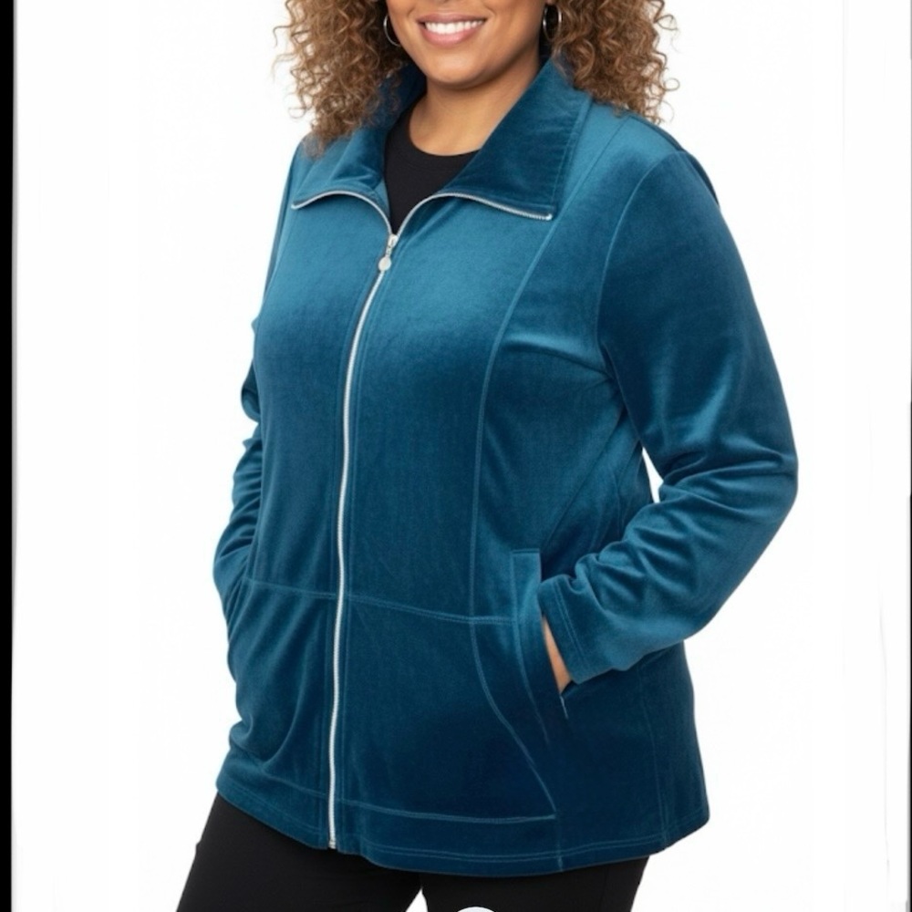 NWT‎ Catherines Full Zip Dark Forest Green Cozy Velour Jacket Size 5X Pockets